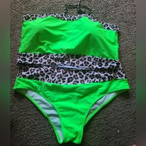 Chic soul 4x swim top and bottom lime green and cheetah print